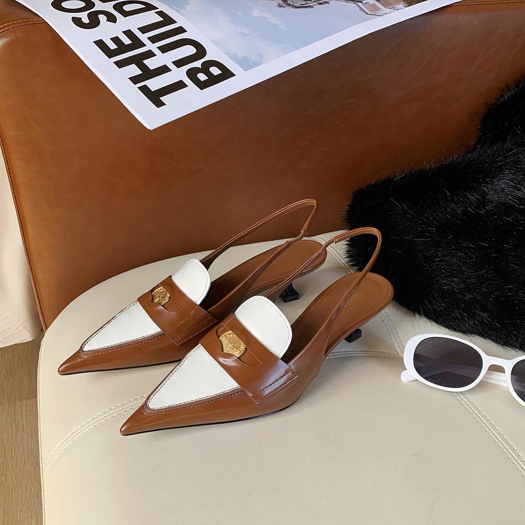 Spot Second Hair! Grape Mother Same Shoes Miu Home British Style Leather Color Matching Pointed Rear Empty High-heeled Sandals Women