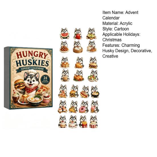 Cute Puppy Desk Decor Husky Advent Calendar with 24 Foodie Acrylic Ornaments, 2D Flat Christmas Hanging Decorations Tree Decoration, Dog Themed