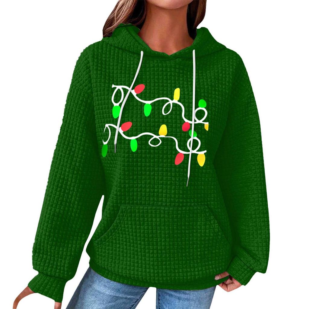 Women's Fashion Loose Hooded Pullover Long Sleeve Plaid Sweatshirt With Drawstring, Drop Shoulder, Pocket, Christmas Print Top