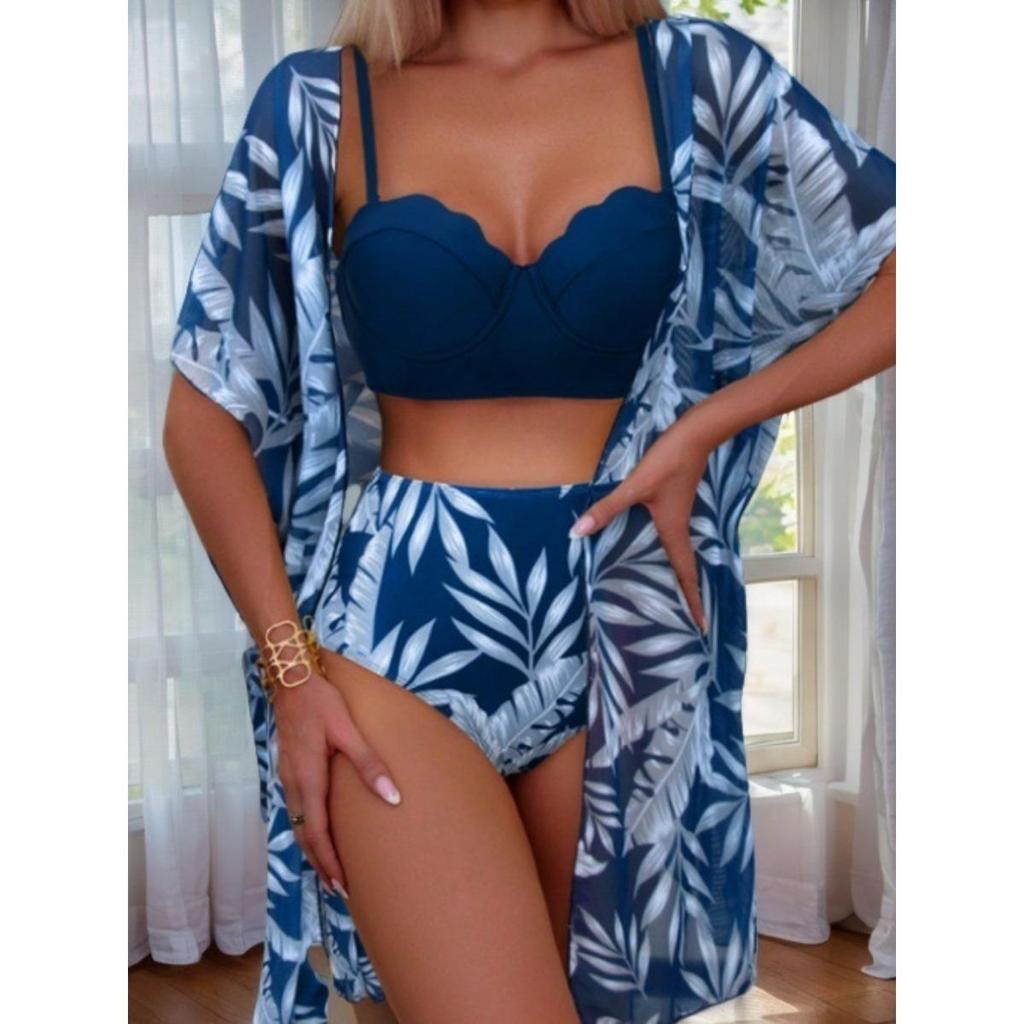 1 Set Badpak Bladprint Hoge Taille Mesh Jas Driehoek Slank Makende Bikini Badpak Dames Set
