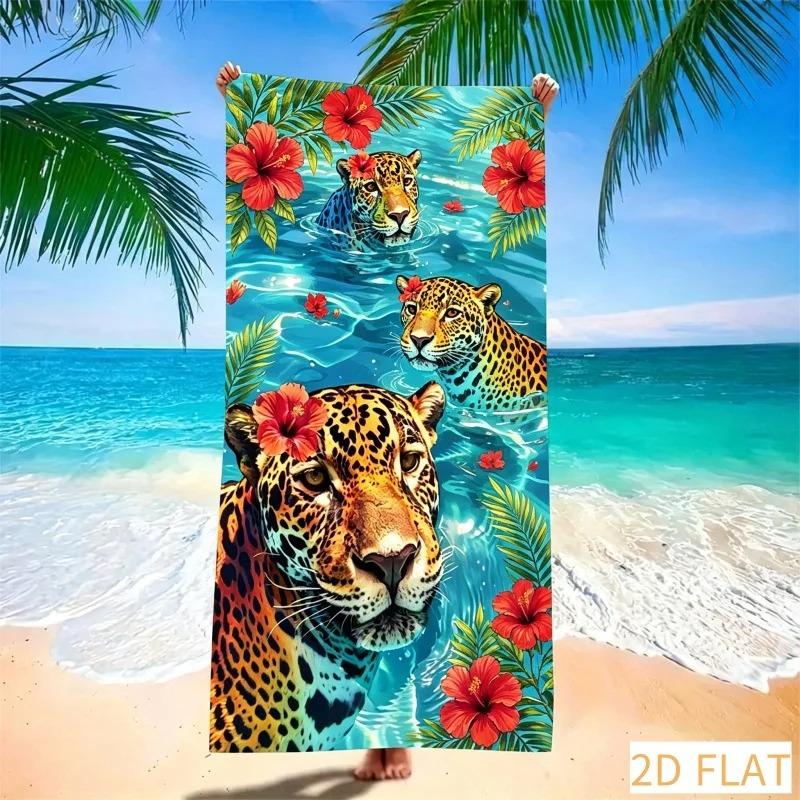 Vibrant Full Hibiscus Leaves Leopard Ocean Wave Pattern Soft Portable Microfiber Beach Towel For Tropical Beach Party Travel