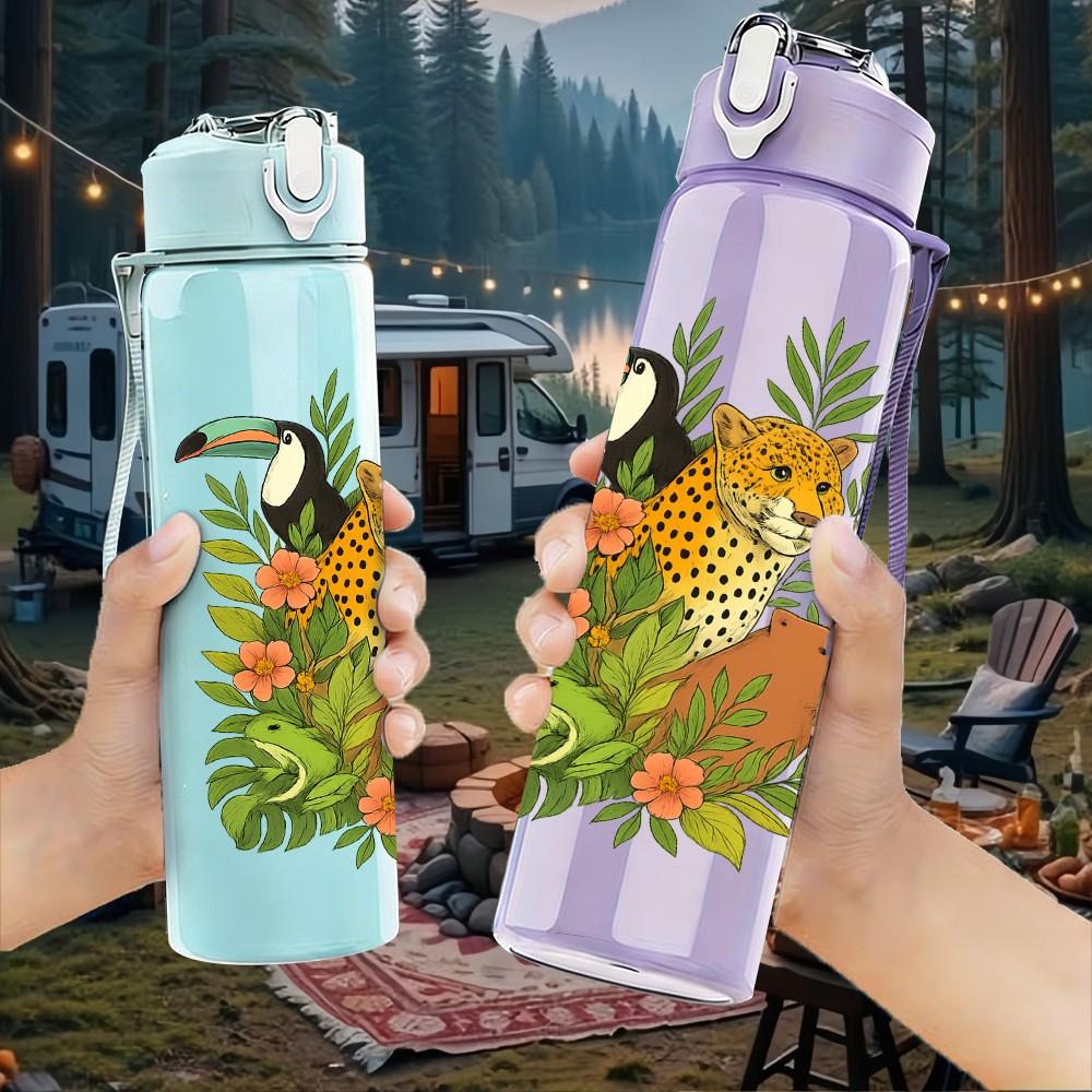 1PC Tropical Leopard Pattern 750ml Color Plastic Sports Water Bottle Leakproof Flip Straw Lid Suitable for Sports Office Home Use