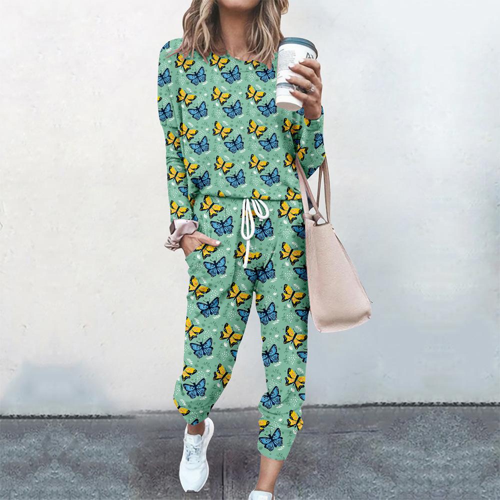 High-End Fashion Sports Sweater Set Women'S Autumn Loose Casual Long-Sleeved Printed Top Bundle Leg Pants Two-Piece Set