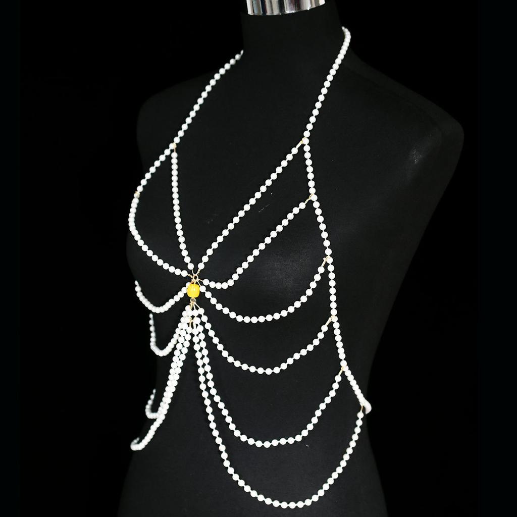 Fashionable Multi-layer Imitation Pearl Body Chain for Stage Performance, Trendy and Versatile Simple Chest Chain, Music Festival Banquet Costume