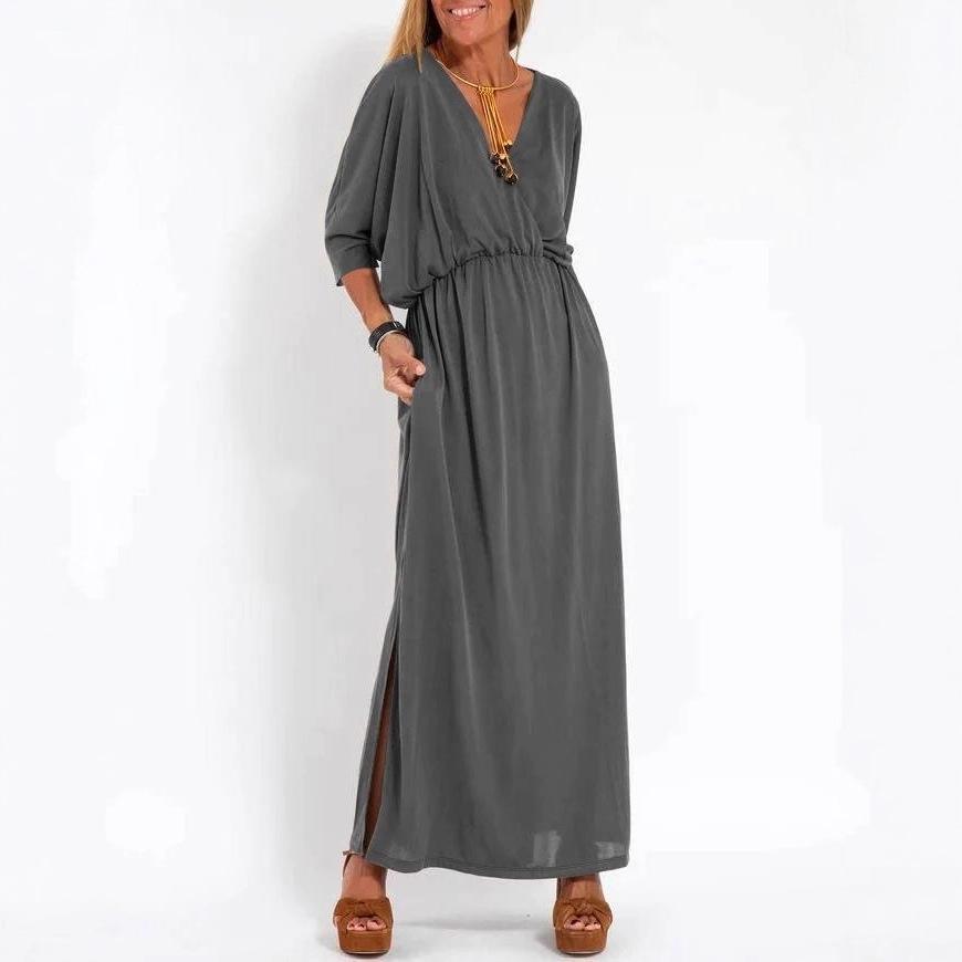 Spring/Summer High-Waisted V-Neck Slit Dress – European & American Fashion
