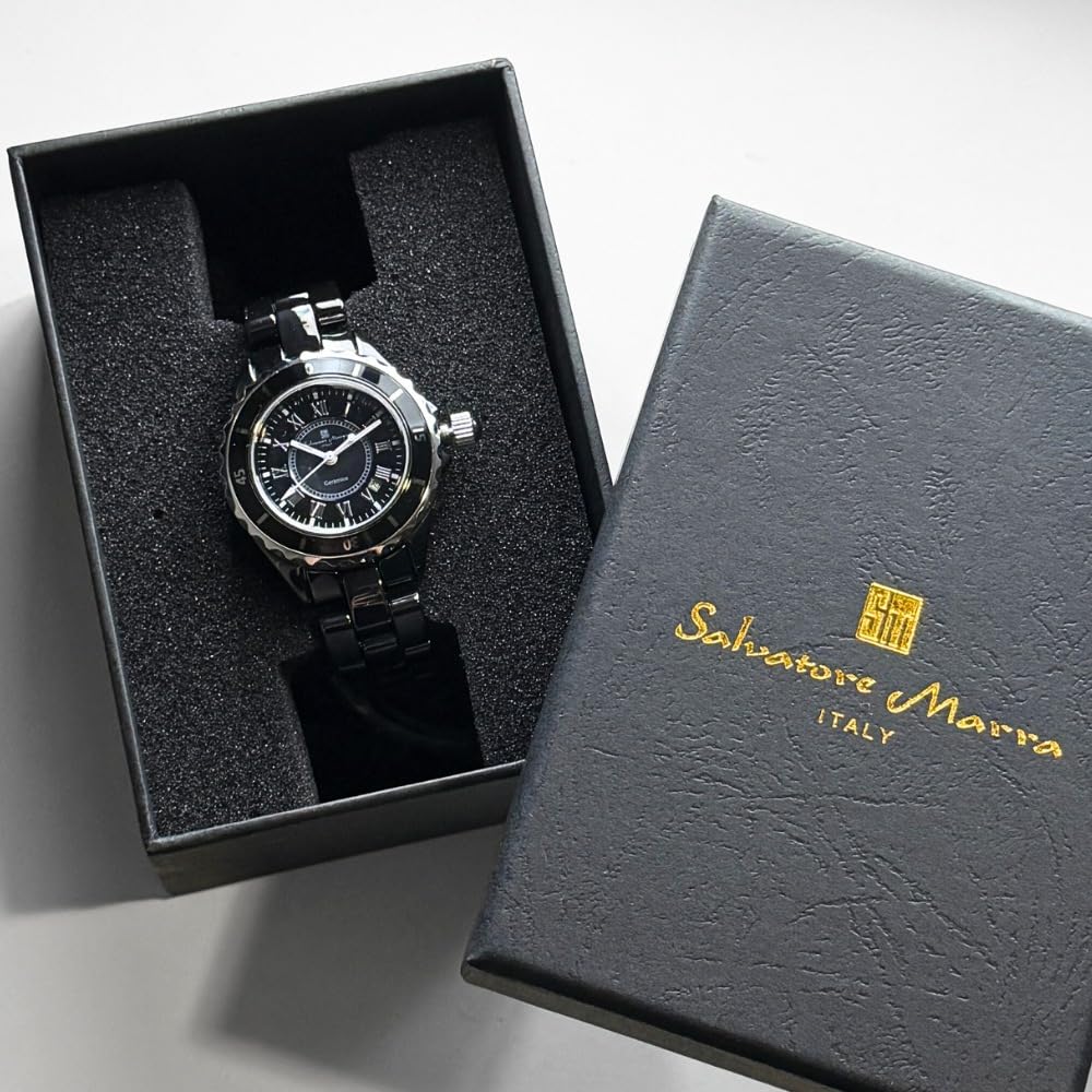 Salvatore Marra Gift Set Salvatore Marra Quartz Watch with Roman Numerals and Ceramic Strap 1 (Pre-wrapped) Women's (No. Black)