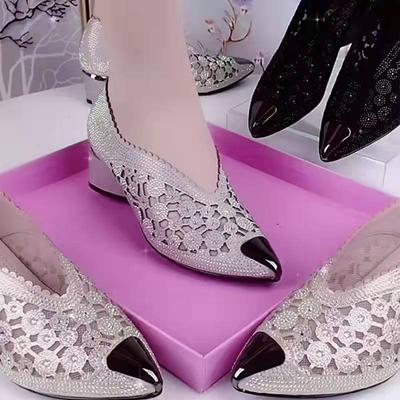 Women's Summer Thin Single Shoes Comfortable Breathable Mesh Thick Heel Rhinestone Temperament Fashion All-match Sandals