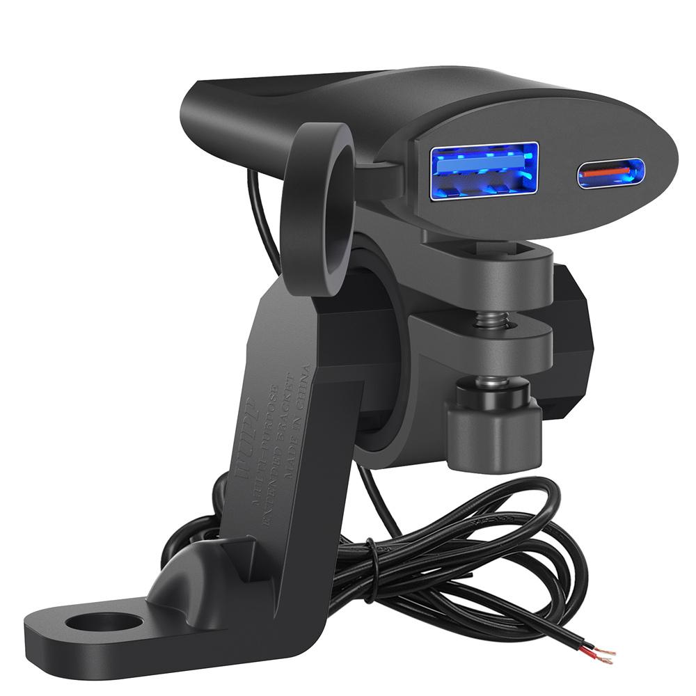 USB-C USB-A Dual Ports Motorcycle Charger For Handlebar or Rearview Mirror Mount