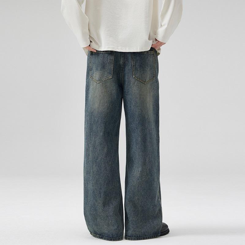 New Spring and Summer Elastic Waist American Retro Jeans Men's Loose Straight A-line Trousers