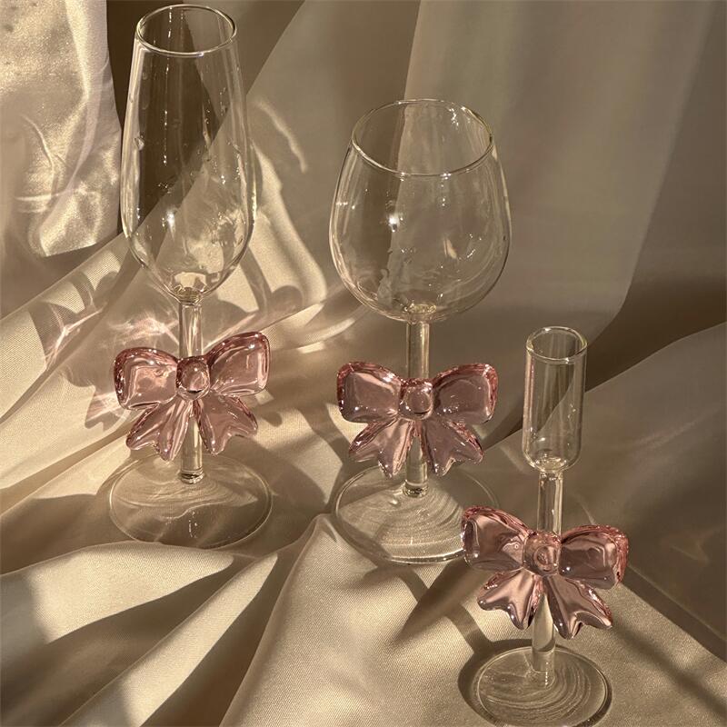 Pink Bowknot Series Glasses Cup Korean Style  INS  Bow Handle Goblet Glass Cup Romantic Ritual Champagne Wine Glass