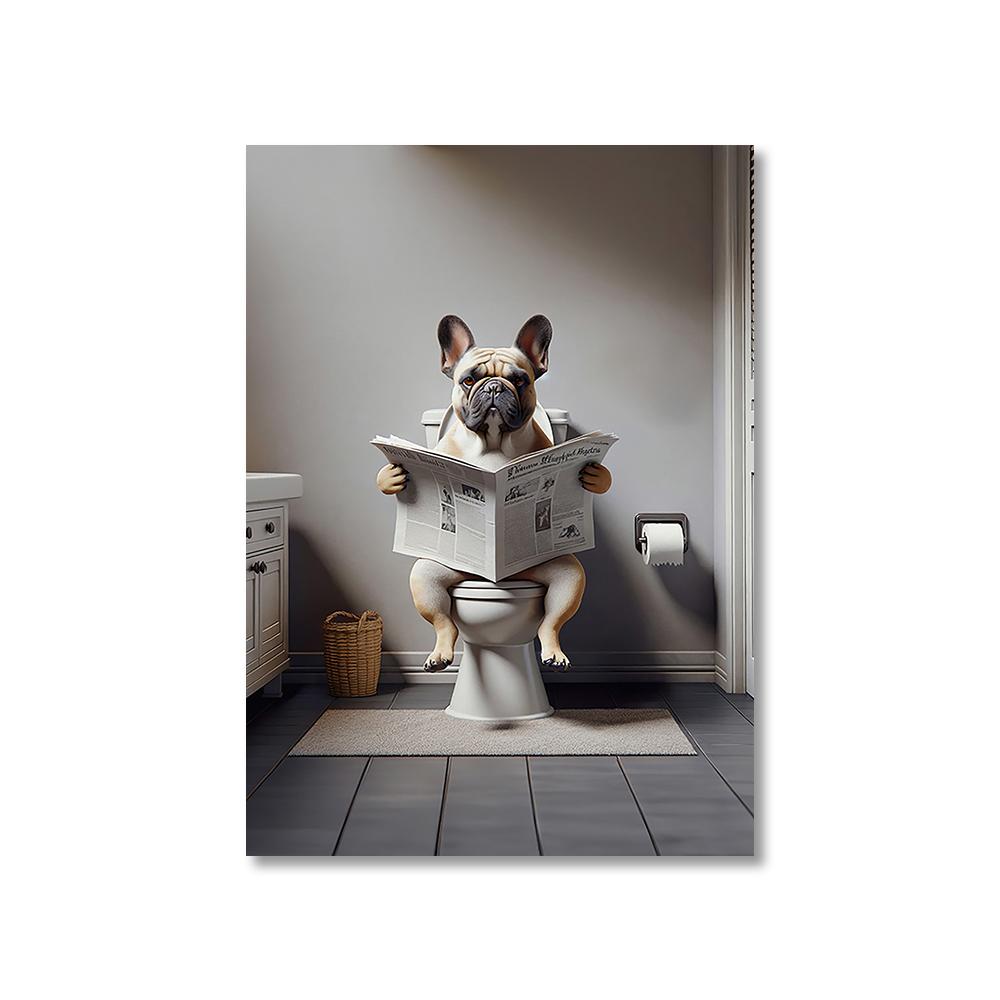 1PC Unframed Funny Pet Dog in Toilet Reading Newspaper Play Canvas Painting Animal Pictures Wall Art for Home Bathroom Decor