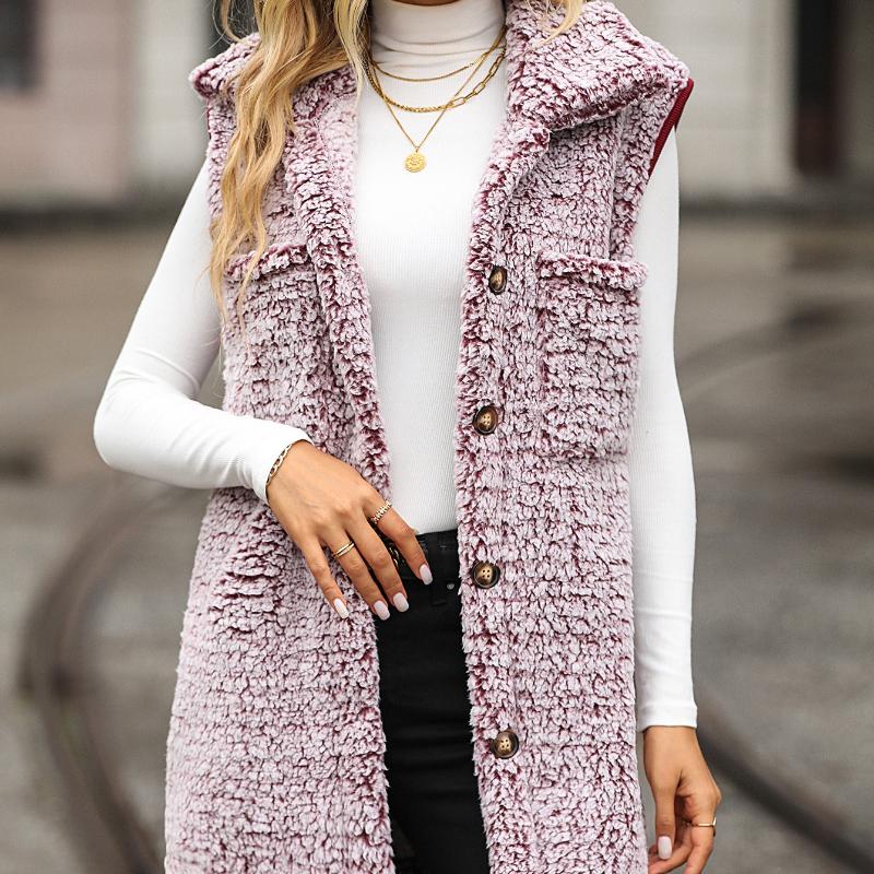 Women Clothing, Autumn and Winter Styles, Collar, Sleeveless Long Style, Loose, Casual, Faded Design, Bubble Velvet, Cardigan Vest, Minimalist Design