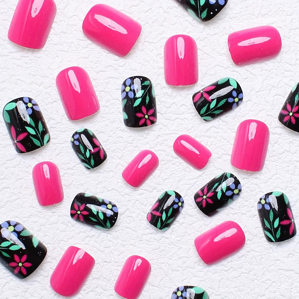 24pcs Vibrant Floral & Leaf Design Press-On Nails - Short Square, Full Cover, Glossy Finish in Mixed Colors with Red & Black
