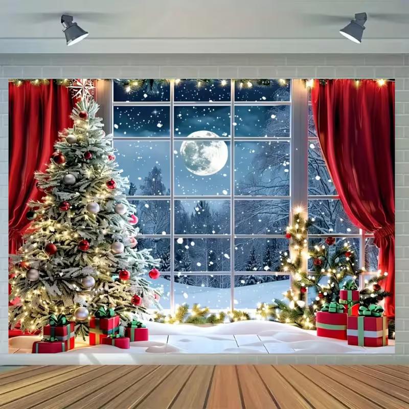 2D Red Curtain & Snowy Night Background for Christmas Eve & New Year Events