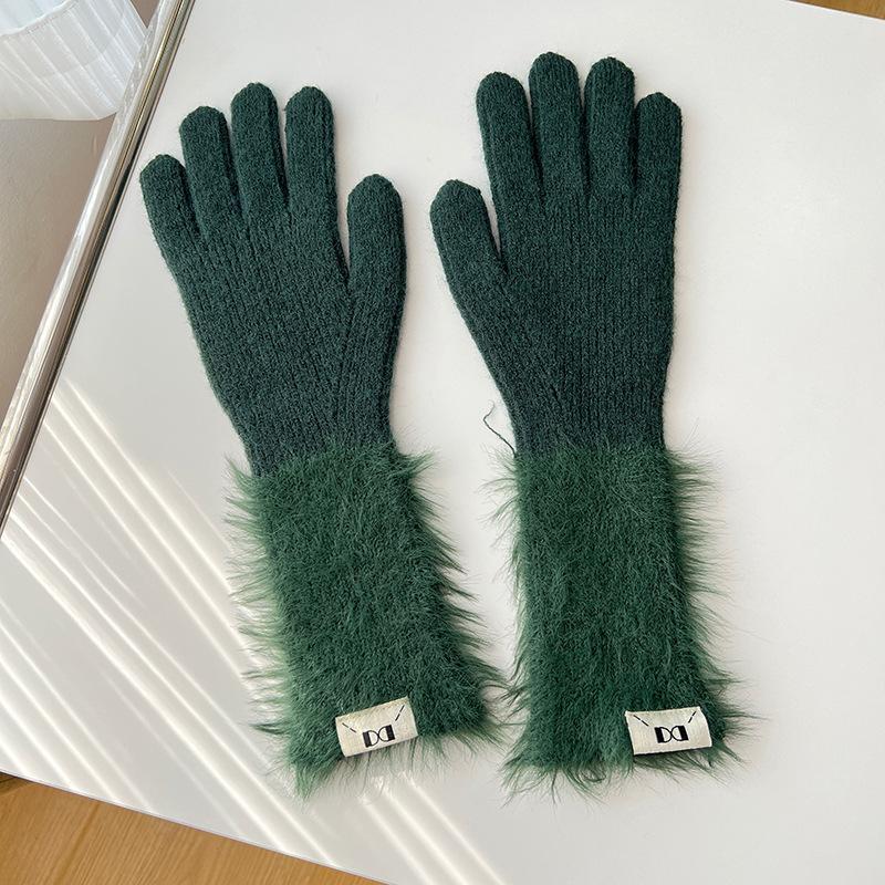 Autumn and winter dopamine solid color warm five-finger gloves versatile knitted cute student girl sweet long cycling sleeves