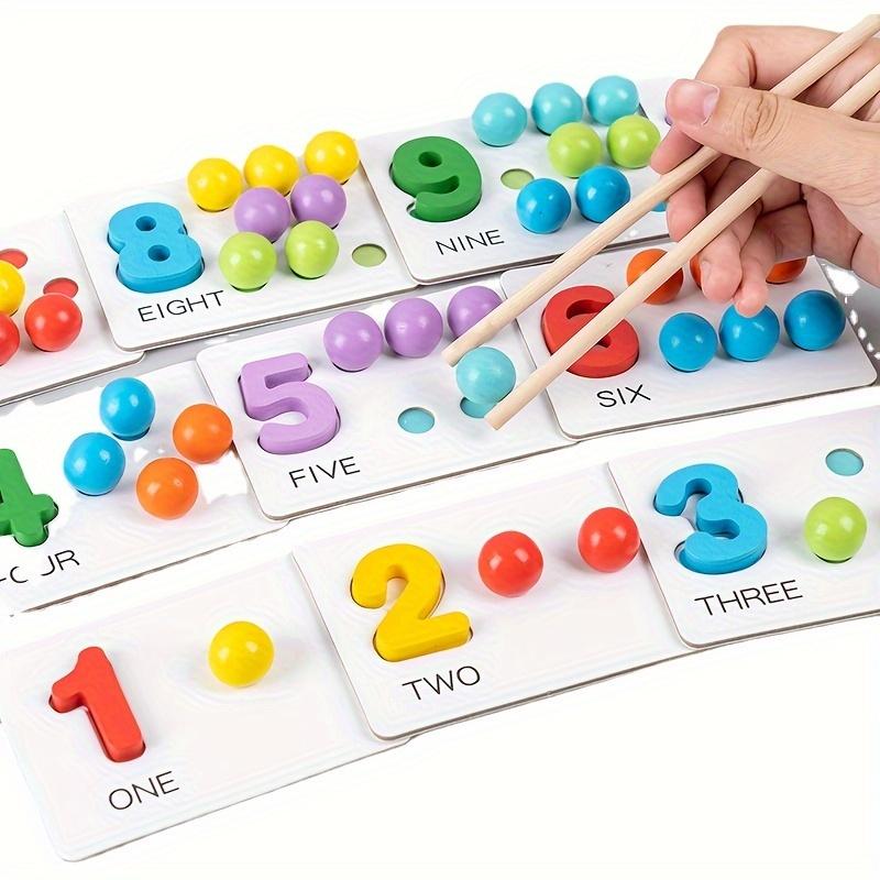 Wooden Number Puzzle and Bead Matching Game with Tweezers for Fine Motor Skills Development Multicolor Counting and Color Sorting Toy for Ages 3+