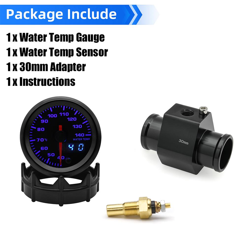 2“ 52mm Water Temperature Gauge 40-140 Celsius 7 Colors Backlight Water Temp Sensor Joint Pipe Sensor Hose Adapter For 12V Car