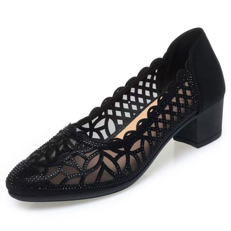 Women's Leather Mesh Rhinestone Block Heel Shoes Spring Summer New Round Toe Hollow Out Fashionable Shallow Slip On Sandals