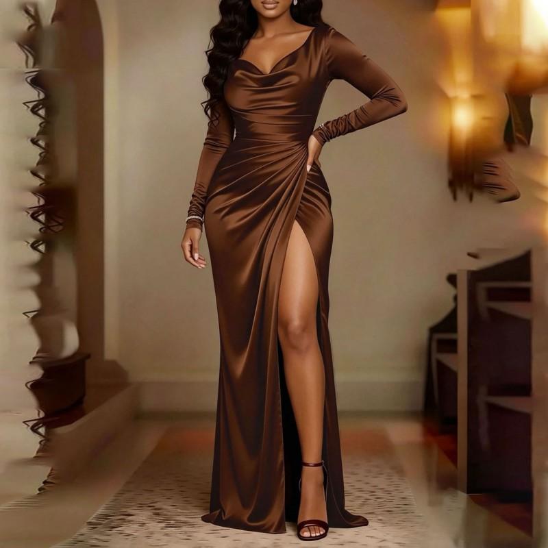 2026 Womens Elegant Slim Fit Solid Color French Style Split Hem Midi Dress V-Neck Long Sleeve High Waist A-Line