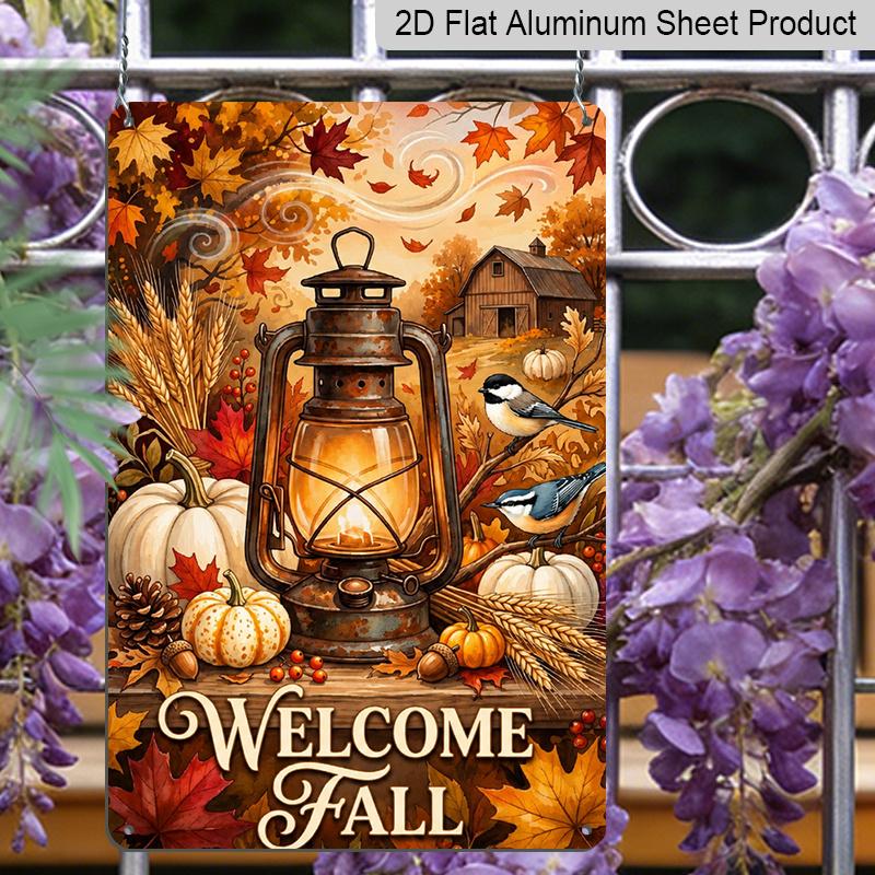 2D Flat Welcome Fall Vintage Lantern Pumpkin Aluminum Metal Sign‑8.0x12.0inch Autumn Farmhouse Wall Decor, Maple Leaf Bird Harvest Hanging Plaque sign