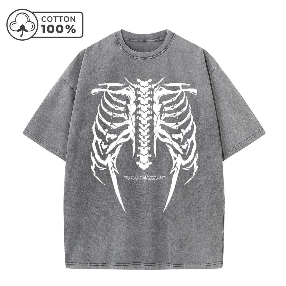 

Mens Retro Dark Style Skull Print Washed TShirt Trendy Fashion Casual Pure Cotton Short Sleeve Outdoor Fitness Commuter Top S