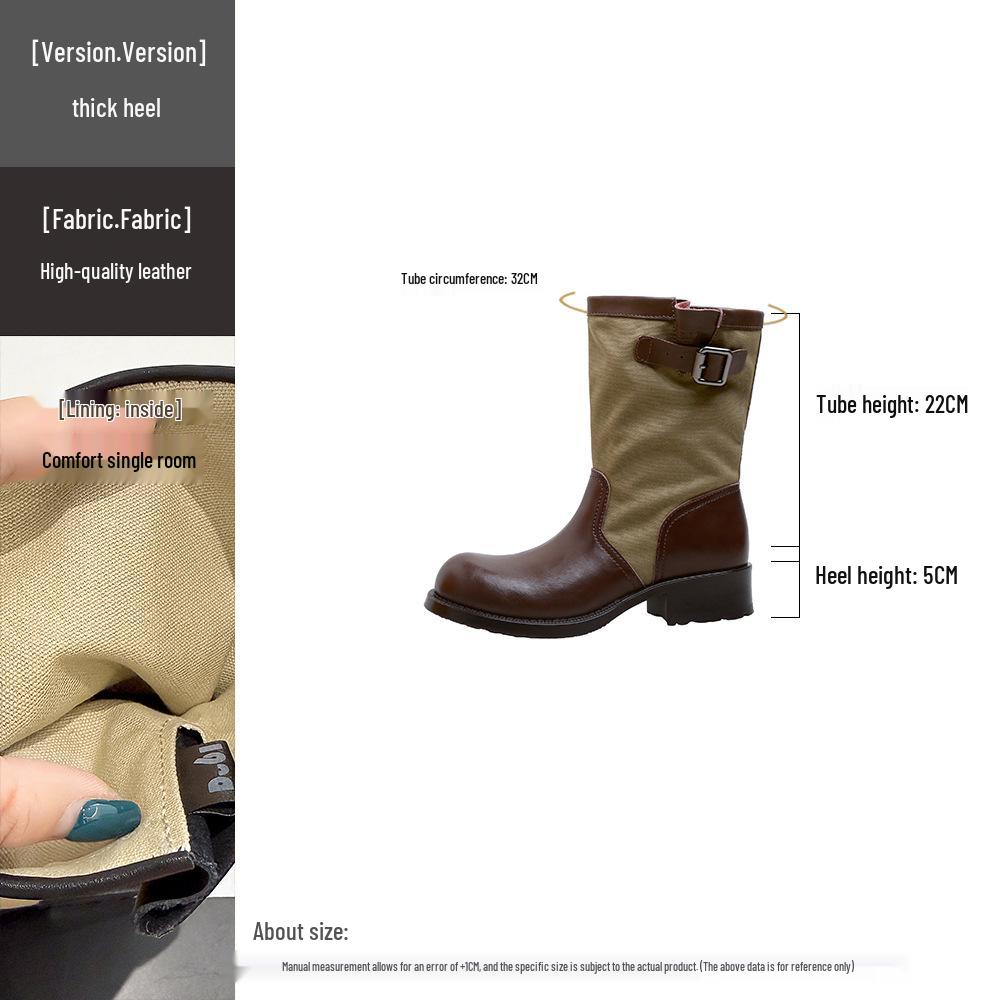 Vintage Color Block Buckle Round Toe Ankle Boots - Women's Mid-Calf Riding Boots, New Fashion
