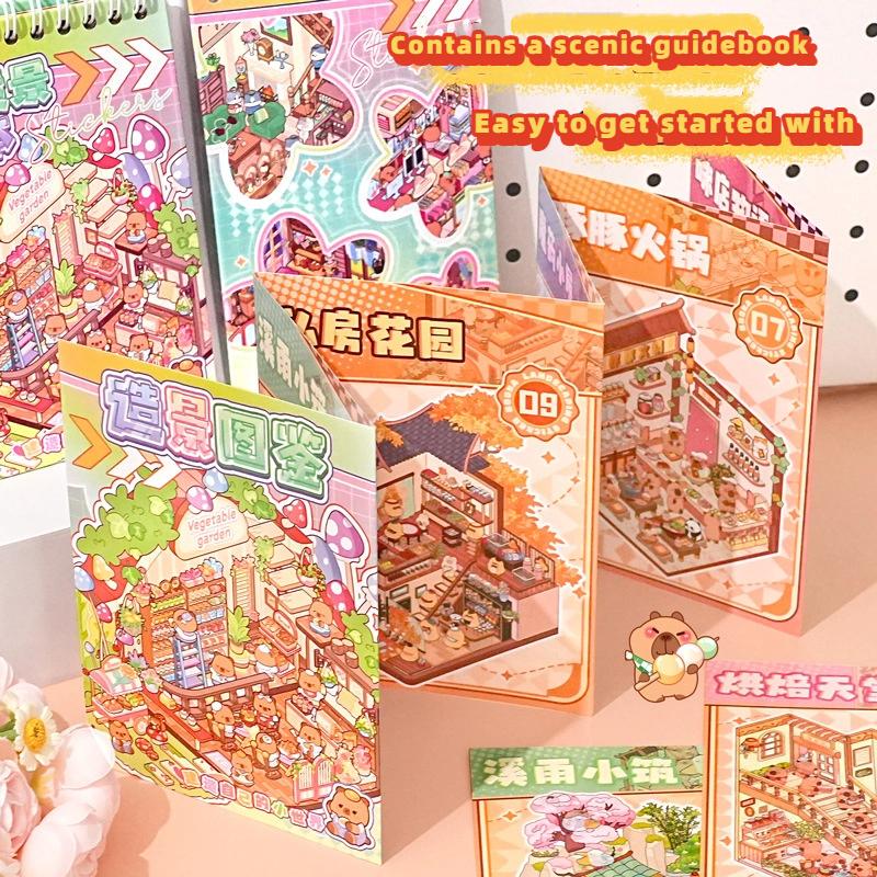 Sevimli 3 Boyutlu Çizgi Film Kapibara Çıkartma Kitabı Kendin Yap Manzara Çıkartmaları Kulübe Manzarası Çıkartma Kombinasyon Kitap Seti Oyun Kitapları Festival Hediyeleri