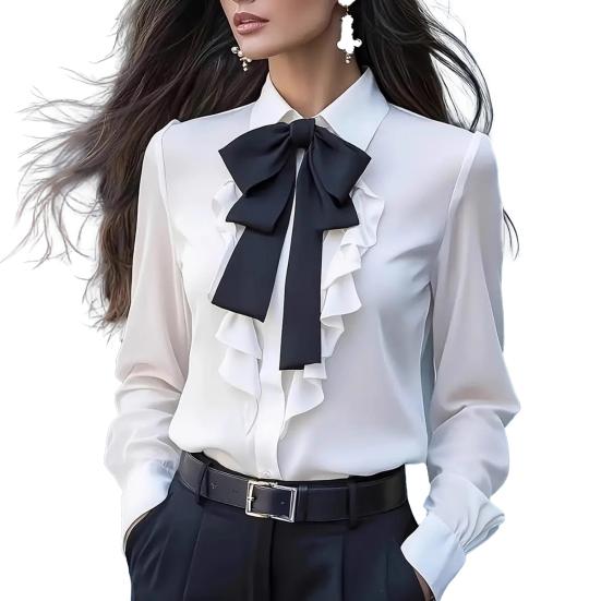 

Осенняя женская рубашка с лацканами, бантом и оборками, с длинным рукавом, топы, застежка на пуговицы, универсальная посадка, рубашка для повседневной носки S белый