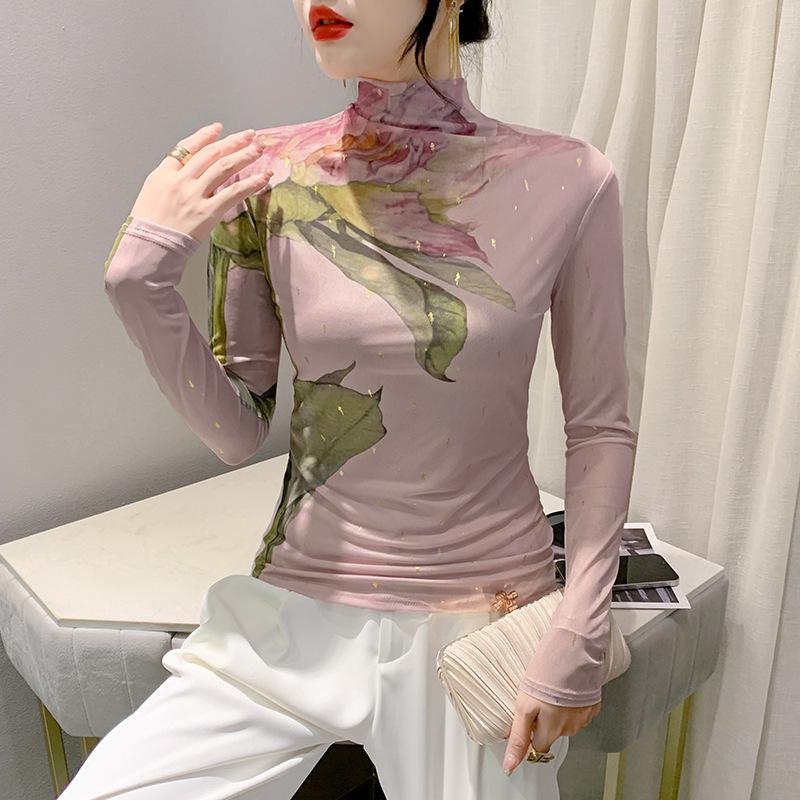 Women's Autumn 2023 Mesh High Neck Printed Long Sleeve Top