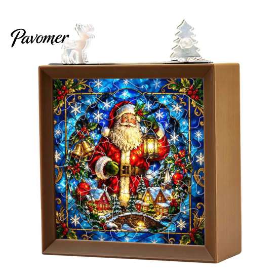 Decorative Room Lighting Christmas Acrylic Puzzle Night Light with Wooden Frame, DIY Stained Glass Style Creative Gift for Kids Jigsaw Lamp