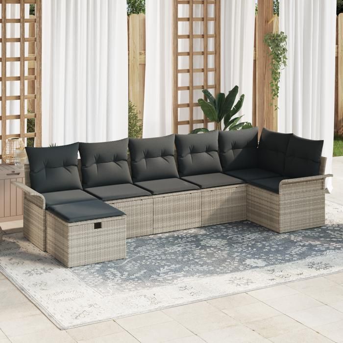 VidaXL Set de Canapés de Jardin 7 pièces avec Coussins Gris Clair Rotin Poly 3358901