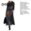 Women Dress Slant Neck Patchwork A-line Hem Colorful Printing Pleated Long Sleeves Bohemian Style Loose Maxi Dress