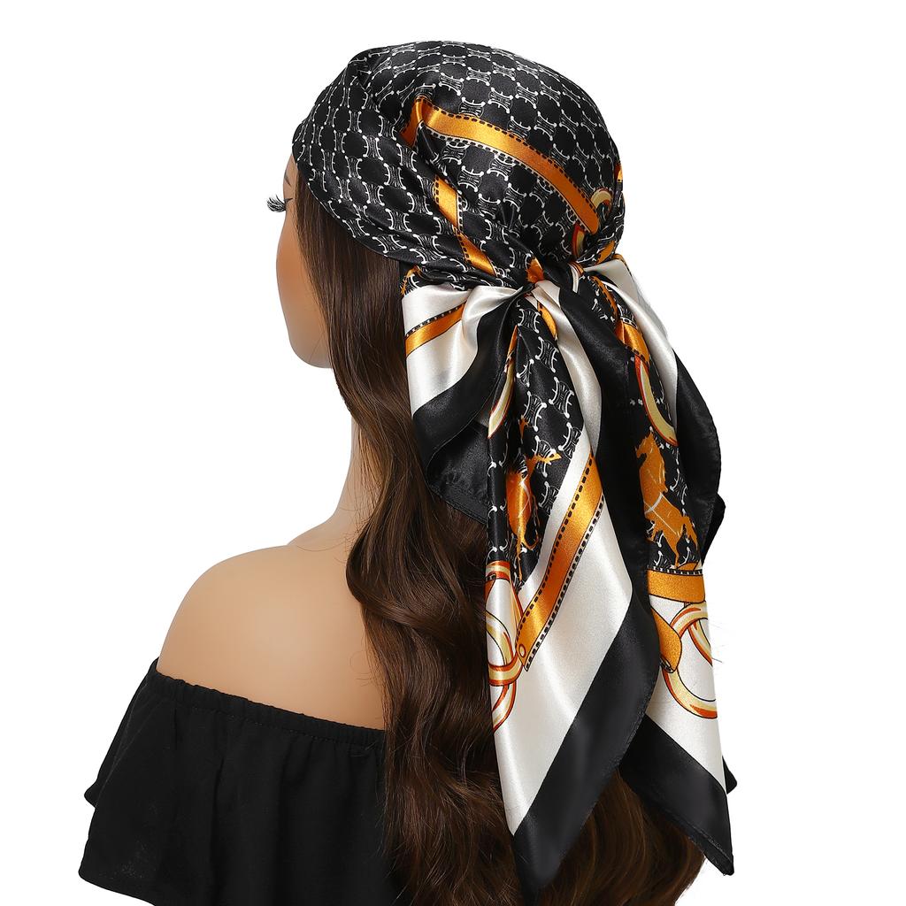 new 90*90cm Vintage Flowers Square Scarf Women Silk Shawl Neckerchief Female Print Headband Head Wraps Foulard Hijab Hair Bands