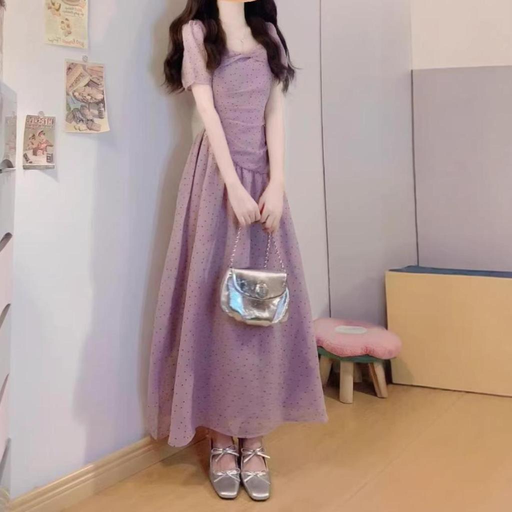 Trendy Slim-Fit Polka Dot Dress with Square Neck, Short Sleeves – Summer 2026 Korean Style.