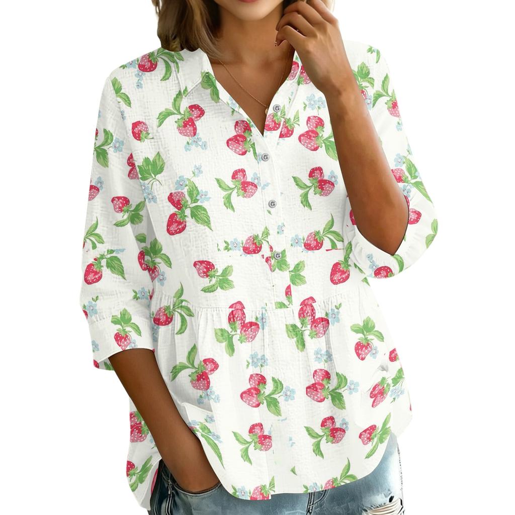 Women's Vintage Floral Print Blouse - Button Down Collar Three Quarter Sleeve Loose Fit Shirt Top for Casual and Daily Wear