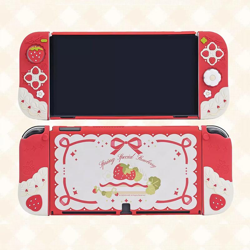

Силиконовый защитный чехол и чехол Joycon для Nintendo Switch/Oled с 1 парой индивидуальных накладок для большого пальца, Spring Strawberry
