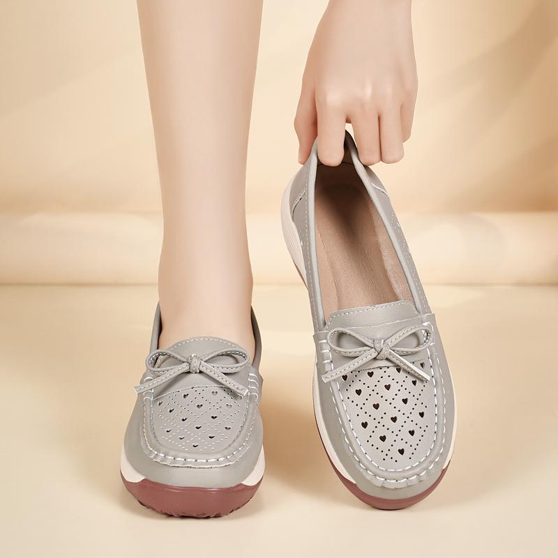 Women Platform Loafers Grey Summer Hollow Casual Elegant Leather Shoes Thick Sole Height Increase Shoes