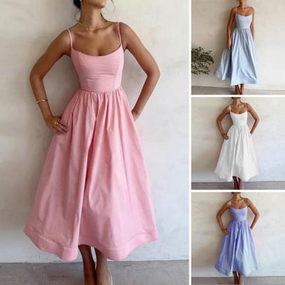 Ladies Evening Dress Tight Waist Sleeveless Backless Sling Low Cut Pleated A Line Big Hem Princess Style Strappy Dress Party Prom Midi Dress