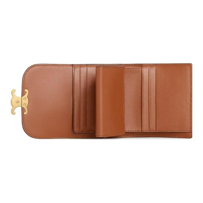 CELINE Triomphe Gold Buckle Foldover Canvas and Leather Wallet for Women Beige/Brown