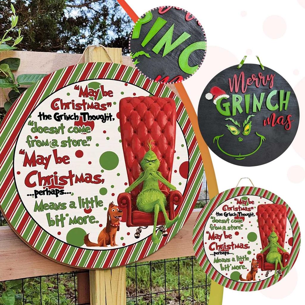 Welcome Sign Funny Grinch_Welcome Front Door Sign Wreaths, Wooden Hanging Plaque Decoration, Porch Decor, Wall Garland Pendant