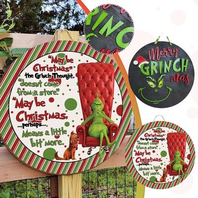 Uvítací cedule Funny Grinch_Welcome Věnce s cedulí k předním dveřím, Dřevěná závěsná deska Dekorace, Dekor na verandu, Přívěsek na zeď