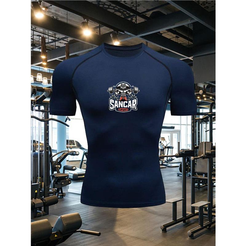 Mens White Compression Short Sleeve T-Shirt Dumbbell S.W.O.A.R Graphic Slim Fit Gym Workout And Running Athletic Top
