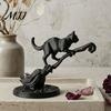 3D Printed Cat Statue Black On Witch Broom Figurine, Broomstick Statue, Halloween Miniature Decor Tabletop Ornament for Tiered Tray, Desk, Table