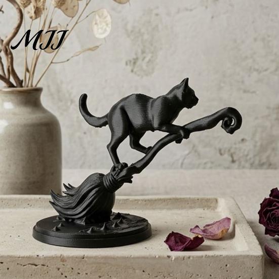 3D Printed Cat Statue Black on Witch Broom Figurine, Broomstick Statue, Halloween Miniature Decor Tabletop Ornament for Tiered Tray, Desk, Table