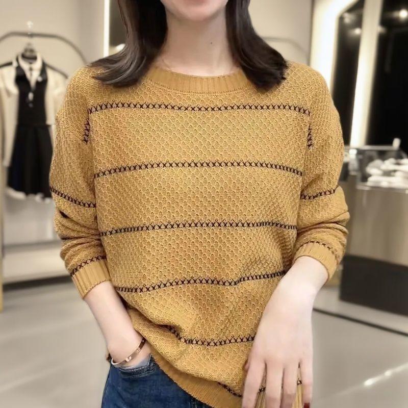 Suéter de Punto de Seda de Hielo con Calado Suelto Fino a Rayas Cuello Redondo Diseño de Manga Larga para Principios de Primavera