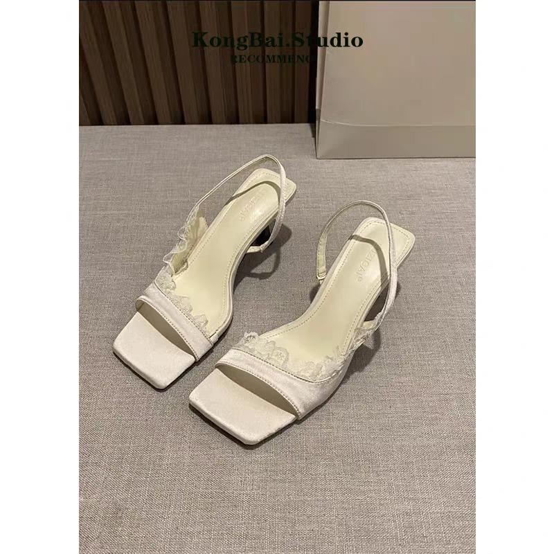 2025 summer new women's fashion square head suspender stiletto heels solid open-toe mid-heel sandals