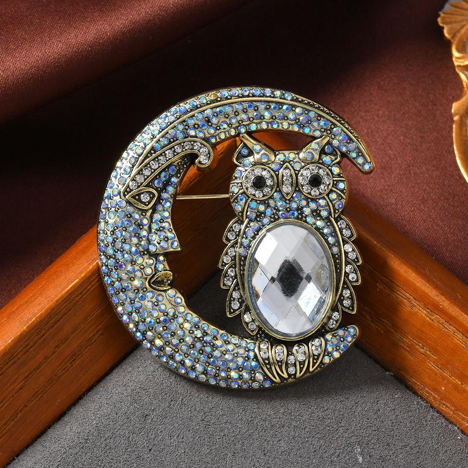 

Винтажная брошь в виде лунной совы для женщин, со стразами, животное, для вечеринки, корсажная булавка, подарок разноцветный