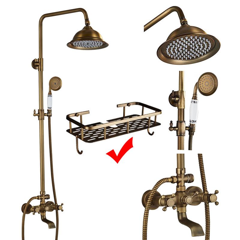 Antique Brass Shower Faucet Mixers Dual Handle Rainfall 8" Brass Shower Head with Bath Storage Shelf and Hooks Shower Water Tap