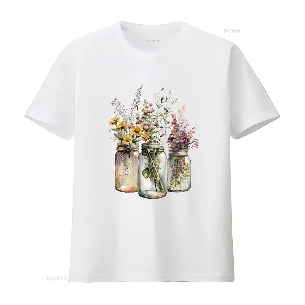Mason Jar Wildflowers 5 Different Designs Ladies T Shirt Small 2xl 4 Colours Vintage Washed Casual Breathable Slightly Homme
