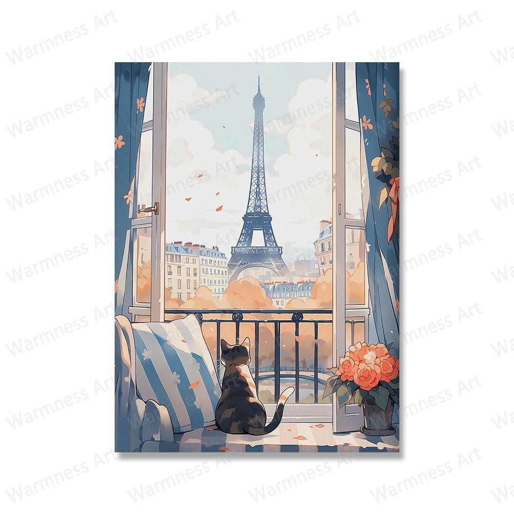 Adorabili gatti guardano il paesaggio, stampe artistiche su tela, quadri del viaggio a Firenze, montagna Fuji, Parigi, Grecia, poster